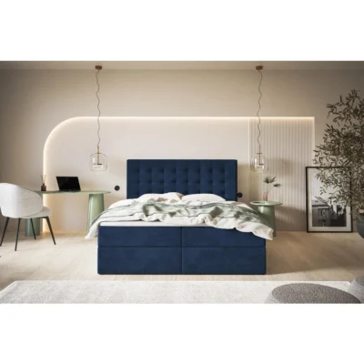 Alpi - Möbel Boxspringbett RIO in Dunkelblau, Liegefläche 120x200 cm – mit Bettkasten, Bonellfederkern